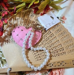Icing Pink Heart Keychain with Pearl Bracelet purse bag charm